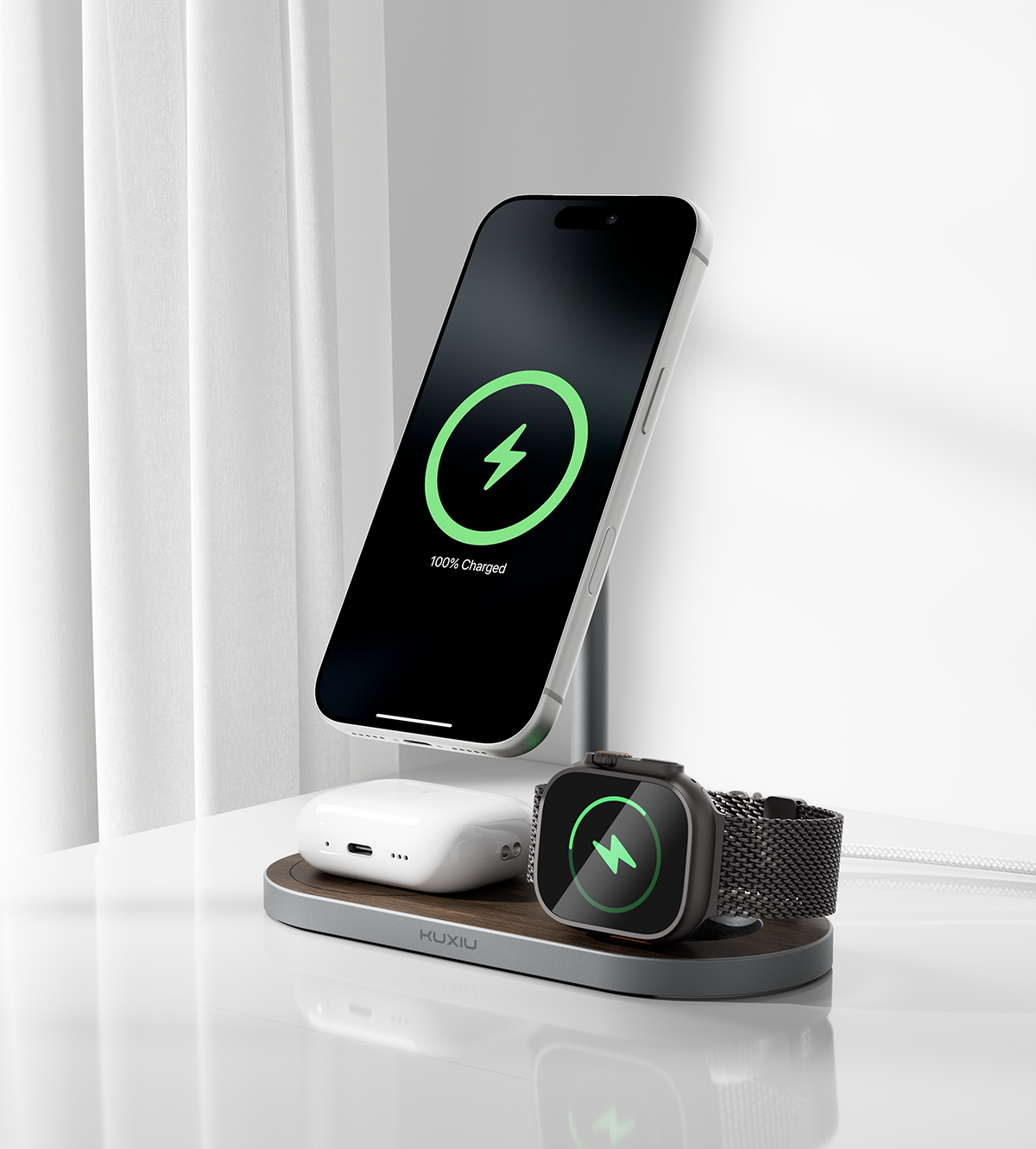 KUXIU X23 Pro 3-w-1 Stacja Szybkiego Ładowania MagSafe z Podwójnym Rdzeniem - Słoje drewna