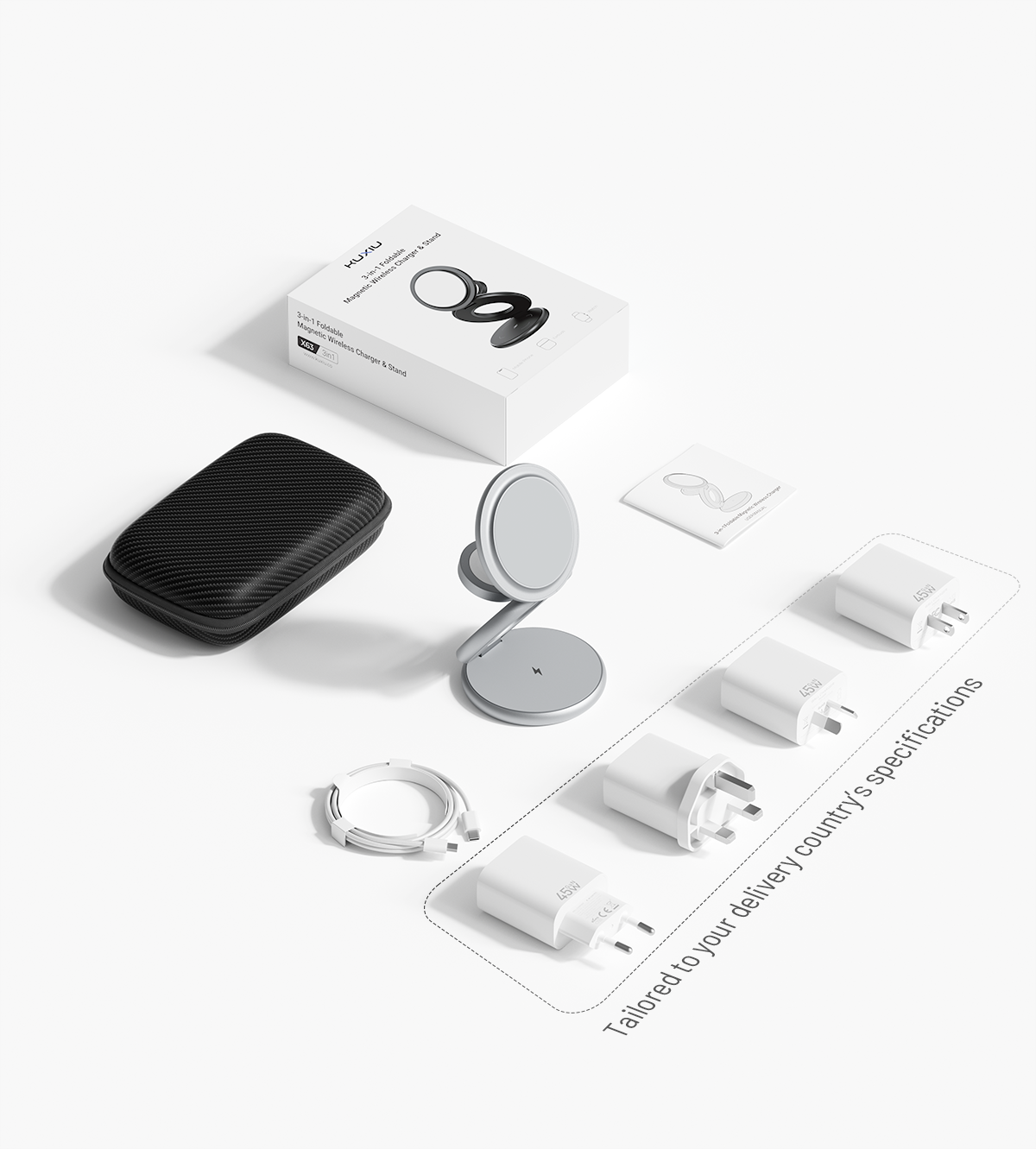 KUXIU X63 3-In-1 MagSafe Foldable Magnetic Wireless Charging Station - Silver