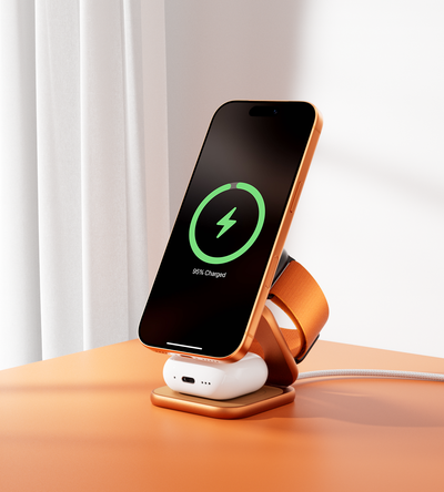 KUXIU X40 Turbo Support de Charge Sans Fil Pliable 3-en-1 MagSafe 25W Certifié Qi2.2 – Orange Cosmique