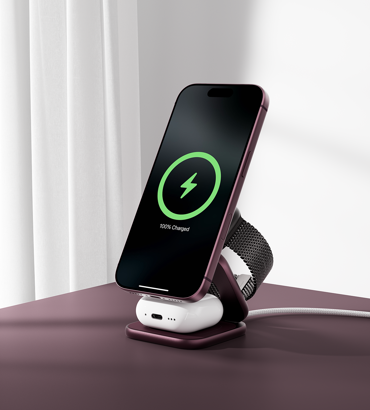 KUXIU X40 Turbo Qi2.2 Certified 25W 3-in-1 MagSafe Foldable Wireless Charging Stand  - Cherry