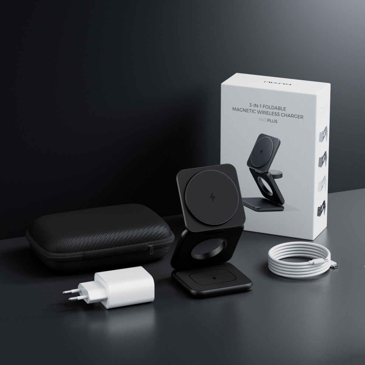 KUXIU X40 Plus 3-in-1 MagSafe Foldable Charging Stand - Black