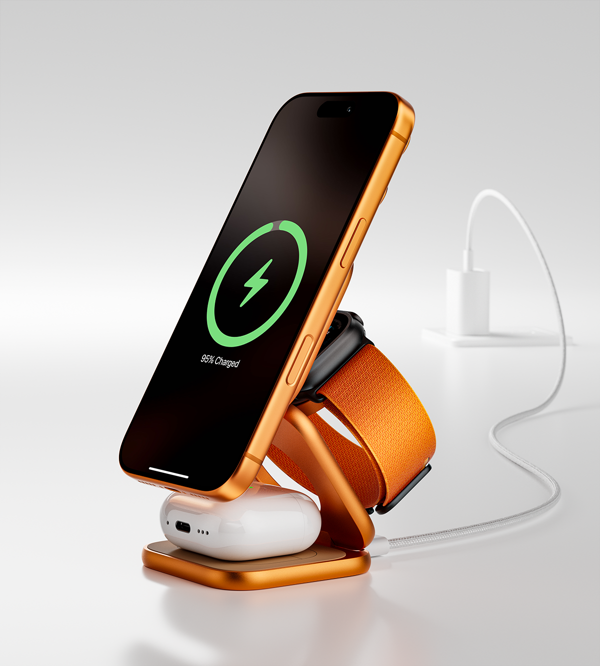 KUXIU X40 Turbo Support de Charge Sans Fil Pliable 3-en-1 MagSafe 25W Certifié Qi2.2 – Orange Cosmique