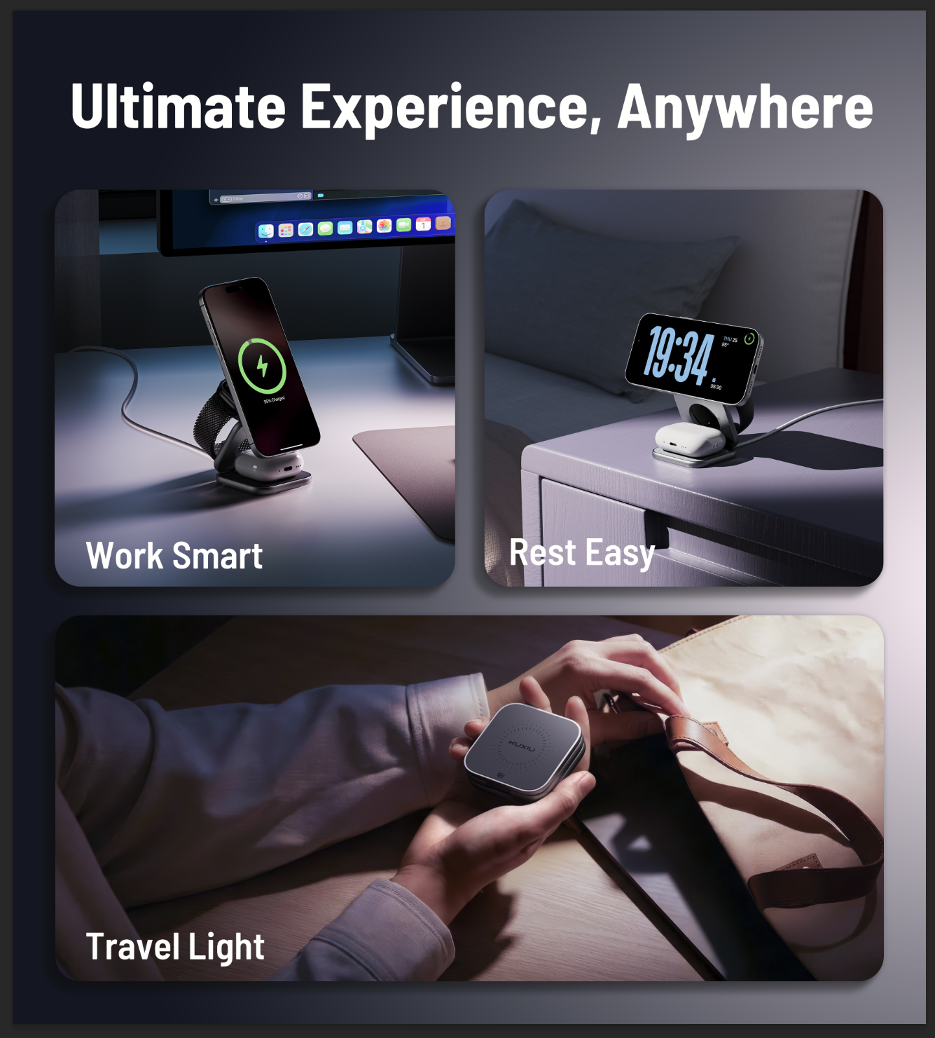 KUXIU X40 Turbo Składana bezprzewodowa stacja ładująca 3 w 1 MagSafe 25W, z certyfikatem Qi2.2 - Szary