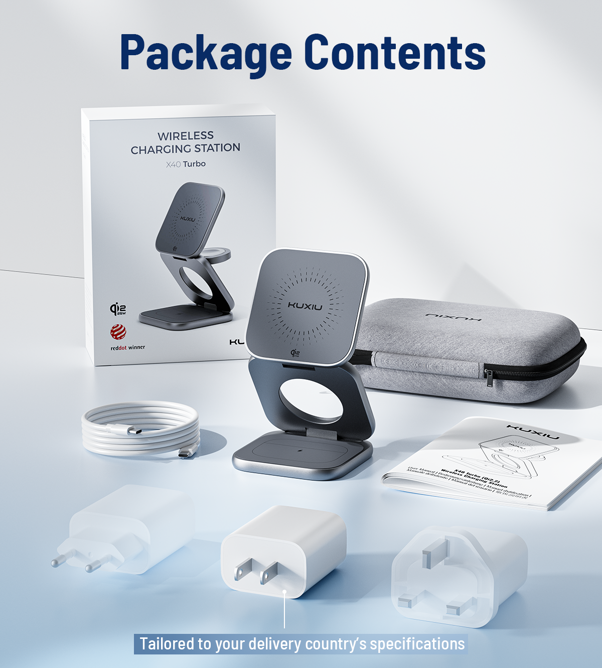 KUXIU X40 Turbo Base de carga inalámbrica plegable 3 en 1 MagSafe de 25W, certificada Qi2.2 - Gris