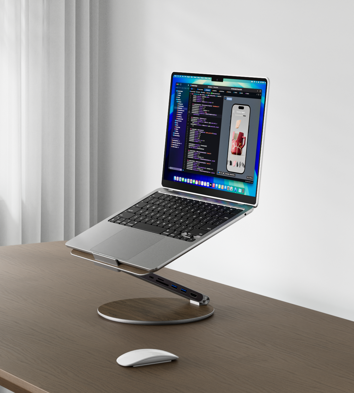 KUXIU X53 Ergonomic Laptop Stand with Built-in 8-in-1 Hub - Wood Grain