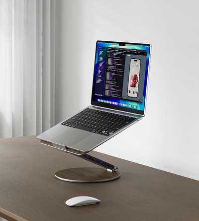 KUXIU X53 Ergonomic Laptop Stand with Built-in 8-in-1 Hub - Wood Grain