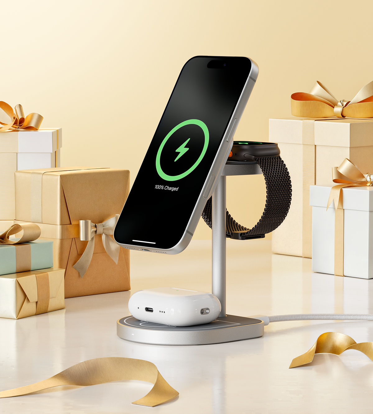KUXIU 3-Point Power クリエイティブな3-in-1 MagSafe充電スタンド - 灰色