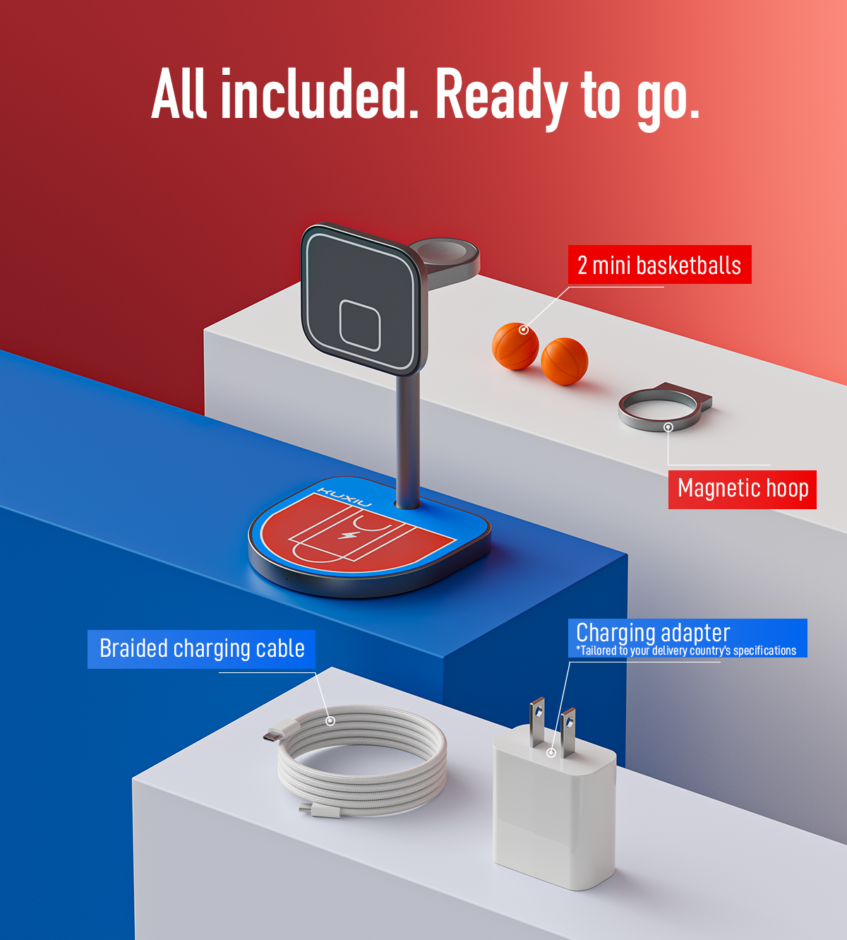 KUXIU 3-Point Power Kreativer 3-in-1 MagSafe-Ladeständer – Rot & Blau