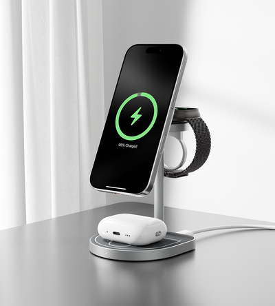 KUXIU 3-Point Power Support de Charge MagSafe 3-en-1 Créatif - Gris