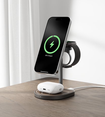 KUXIU Qi2 三分力量創意 3合1 磁吸無線充電座 - 木紋